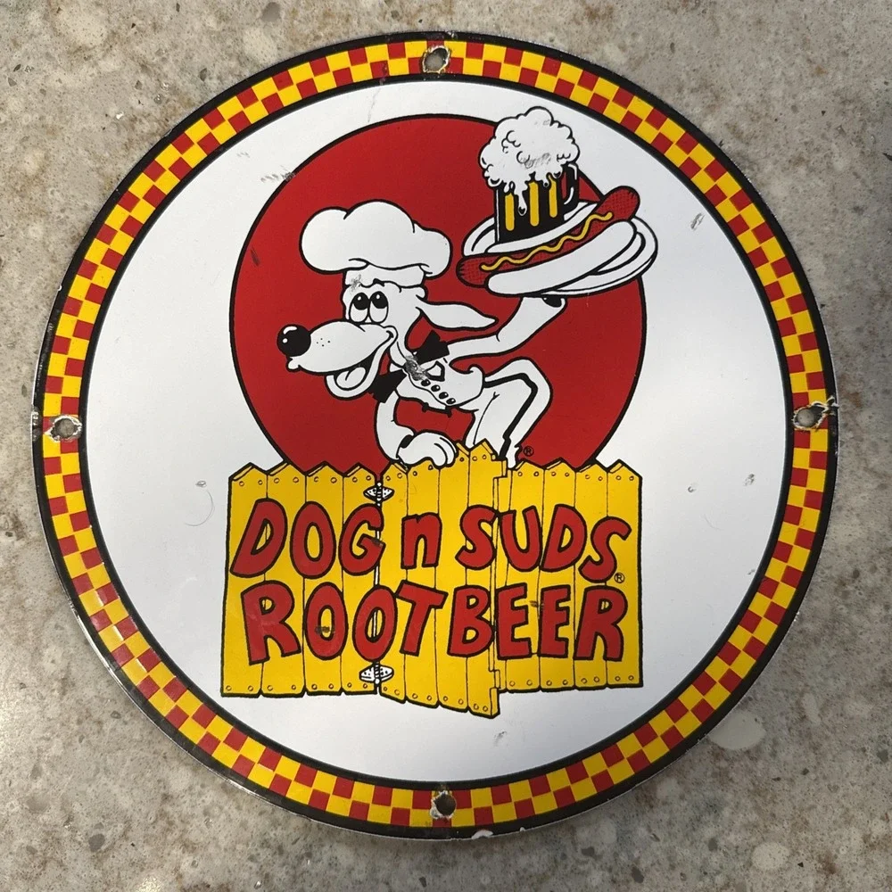 VINTAGE DOG N SUDS PORCELAIN SIGN ROOT BEER‎ BURGER KING PEPSI COKE  GAS OIL